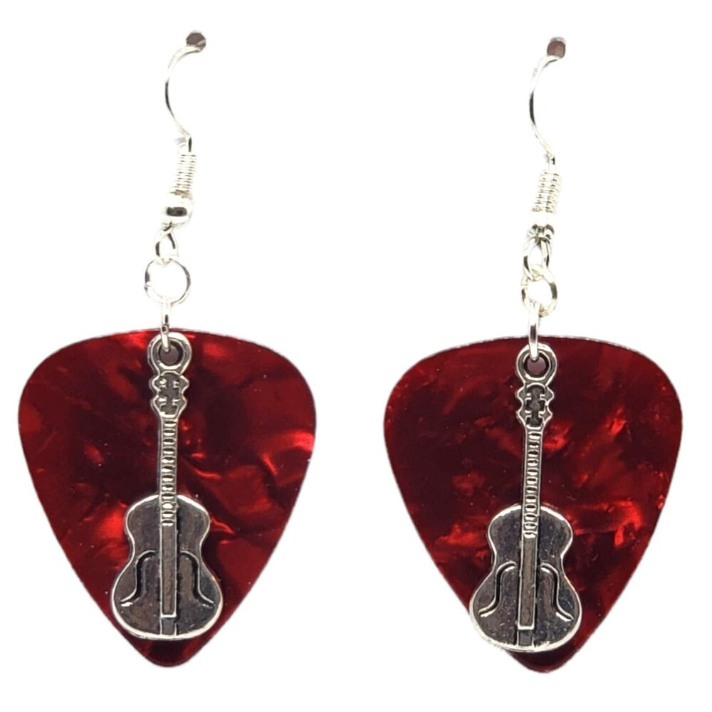 Acoustic Guitar Charm on Guitar Pick Earrings - Choose Color - Handmade in USA